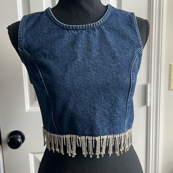 Altar'd State Tops - Altar'd State Blue Denim Crop Top with rhinestone Fringe